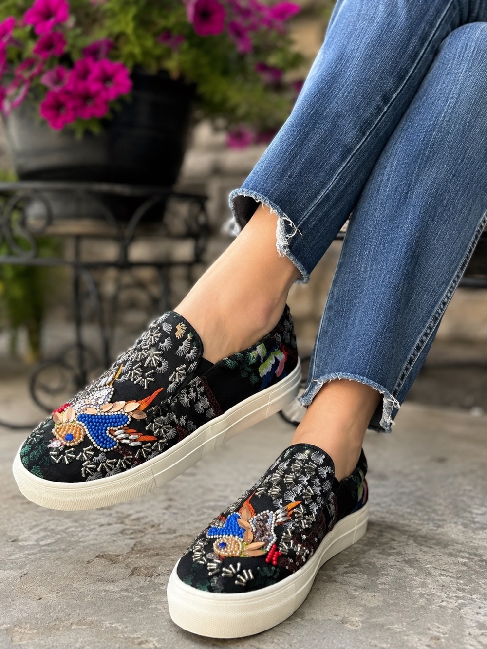Steve Madden Bluebird Beaded Embellished Slip On Sneakers Black 7.5M